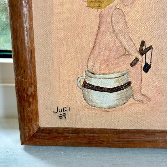 Vintage Framed Paintings Boy And Girl on Chamber Pots, set of 2 - Picture 11 of 11